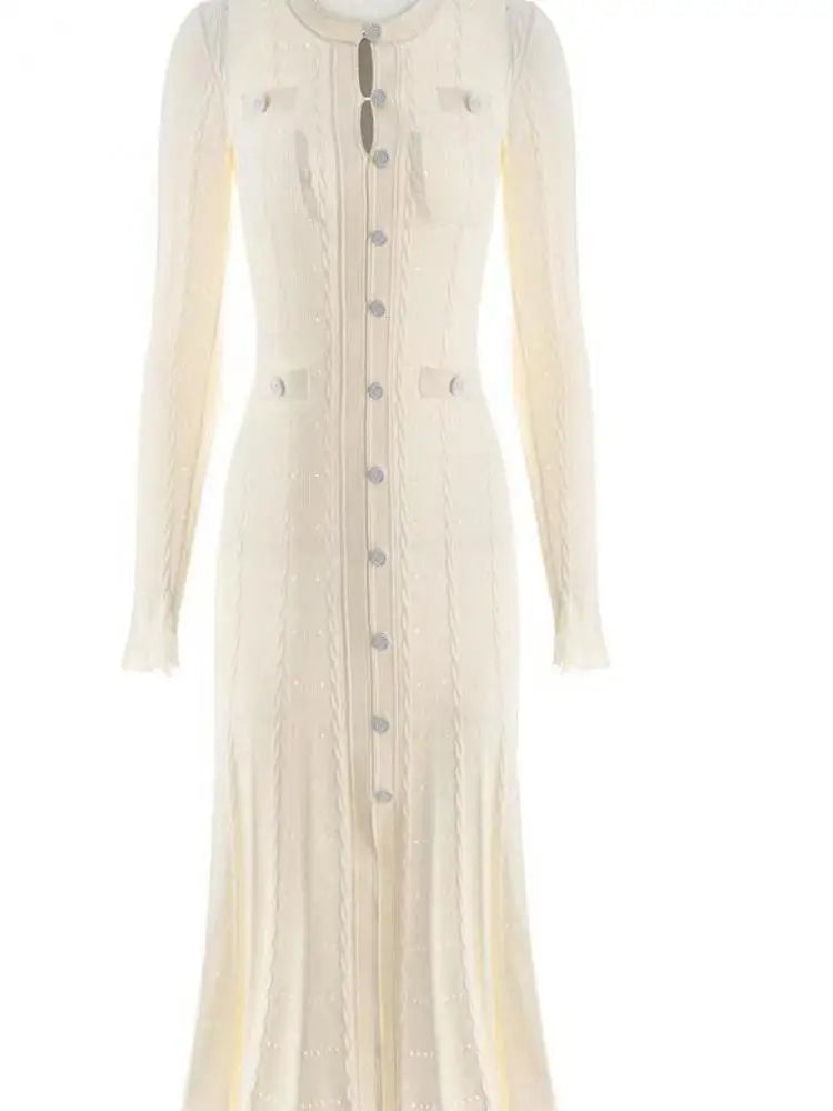 French Fashion Women Black Long Sleeve Round Neck Knitted Dress 2024 Autumn Winter New Beige Single Breasted Holiday Dress Trend