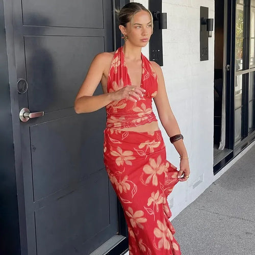 Load image into Gallery viewer, Halter Deep V Neck Ruffled Sexy Maxi Dress For Women Fashion Sleeveless Backless High Waist Bodycon Club Printed Dress
