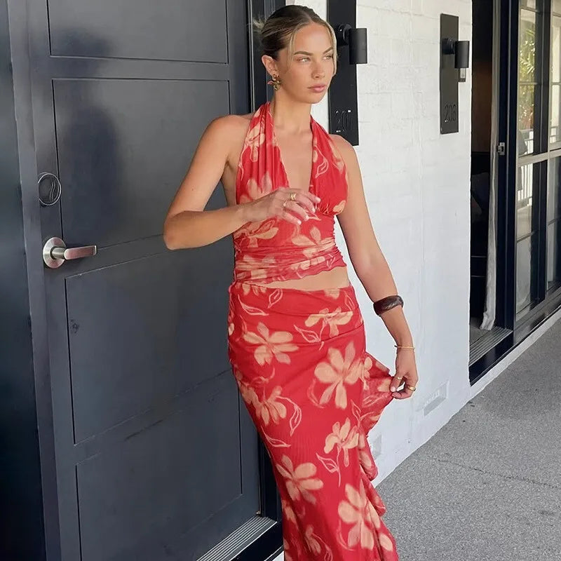 Halter Deep V Neck Ruffled Sexy Maxi Dress For Women Fashion Sleeveless Backless High Waist Bodycon Club Printed Dress