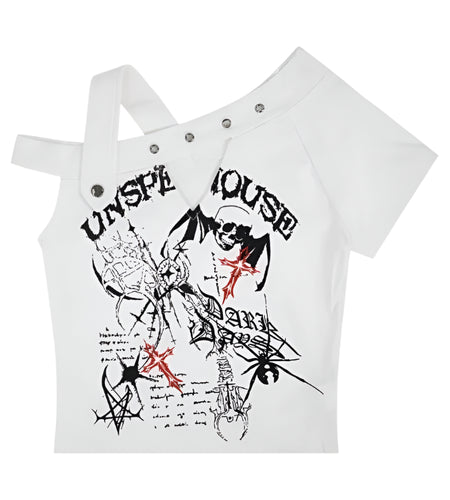 Harajuku Woman T Shirts Y2k Tops Women's Clothing Short Sleeve Off Shoulder Skull Print Tees Casual Fashion Punk Summer Tshirt