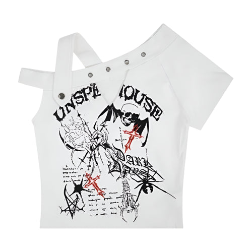 Load image into Gallery viewer, Harajuku Woman T Shirts Y2k Tops Women's Clothing Short Sleeve Off Shoulder Skull Print Tees Casual Fashion Punk Summer Tshirt
