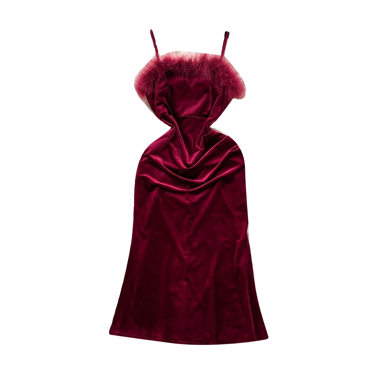 French Red Sexy Elegant Hairy Patchwork Velvet Slip Dress Spring Summer Vintage Black Evening Party Club Midi Dress Women Simple