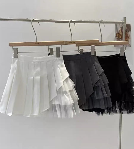 Korean 2024 Spring Summer Women Black Mesh Patchwork High Waist Mini Skirt White Sexy Club Girl Party A-line Pleated Short Skirt