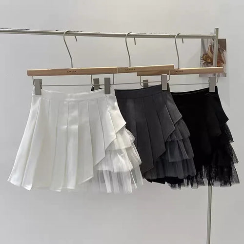 Load image into Gallery viewer, Korean 2024 Spring Summer Women Black Mesh Patchwork High Waist Mini Skirt White Sexy Club Girl Party A-line Pleated Short Skirt
