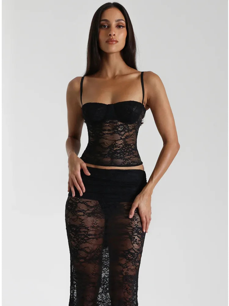 Sexy Lace Patchwork Tight Hollow Out Top Perspective Slim Long Skirt Women Set Temperament Party Vacation Beach Club Set