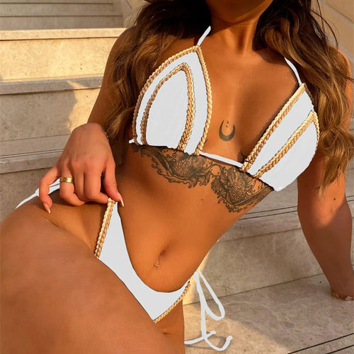 Load image into Gallery viewer, Black White Halter Strappy Bikini Set Female Thong Swimsuit 2025 Bandage Women Swimwear Sexy Brazilian Bathing Suit
