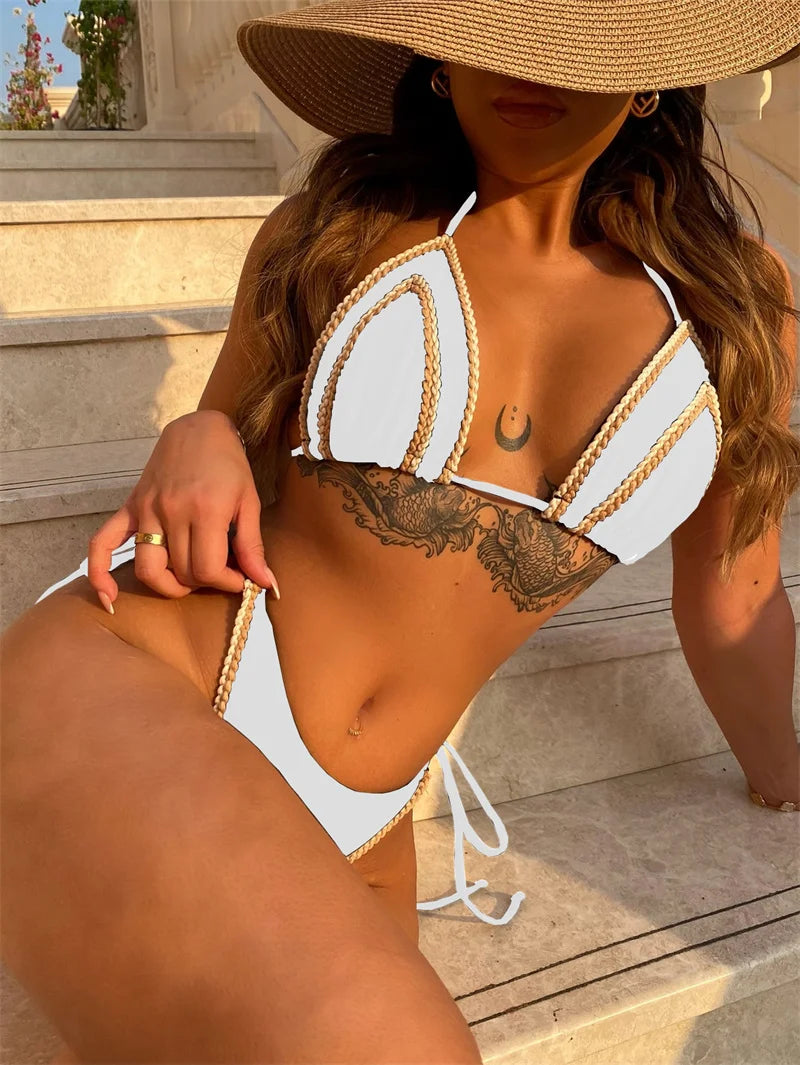 Black White Halter Strappy Bikini Set Female Thong Swimsuit 2025 Bandage Women Swimwear Sexy Brazilian Bathing Suit