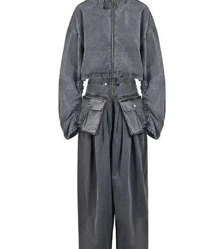 Blue Denim Jacket Big Size Wide Leg Pants Two Piece Suit New Stand Collar Women Fashion Tide Spring Autumn 2025 CPG0370