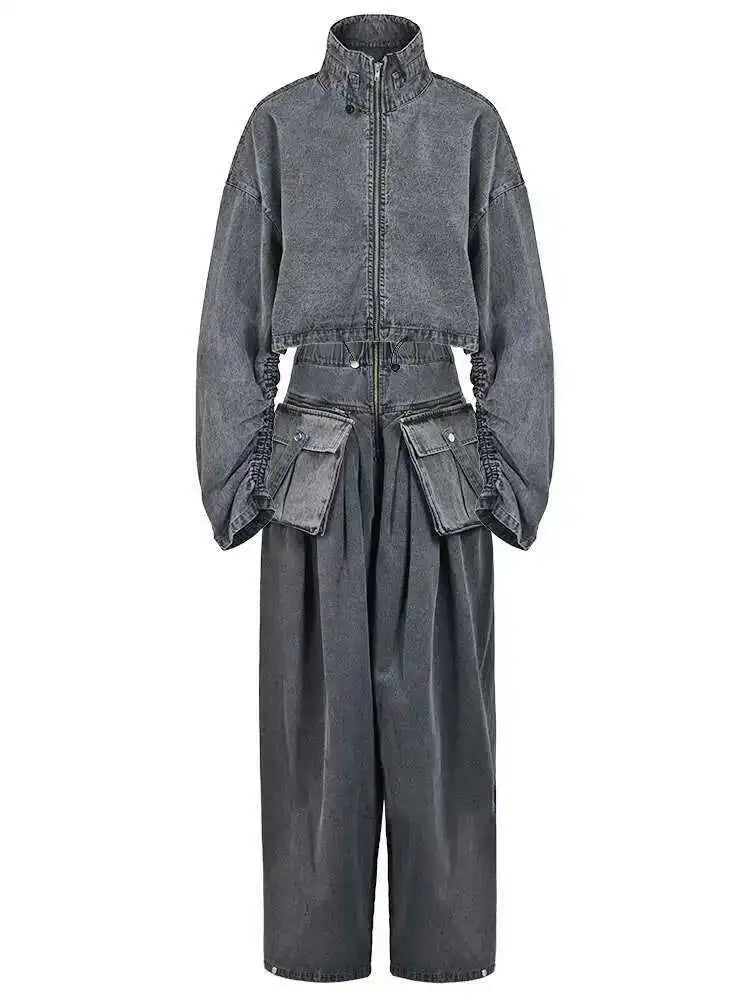 Blue Denim Jacket Big Size Wide Leg Pants Two Piece Suit New Stand Collar Women Fashion Tide Spring Autumn 2025 CPG0370