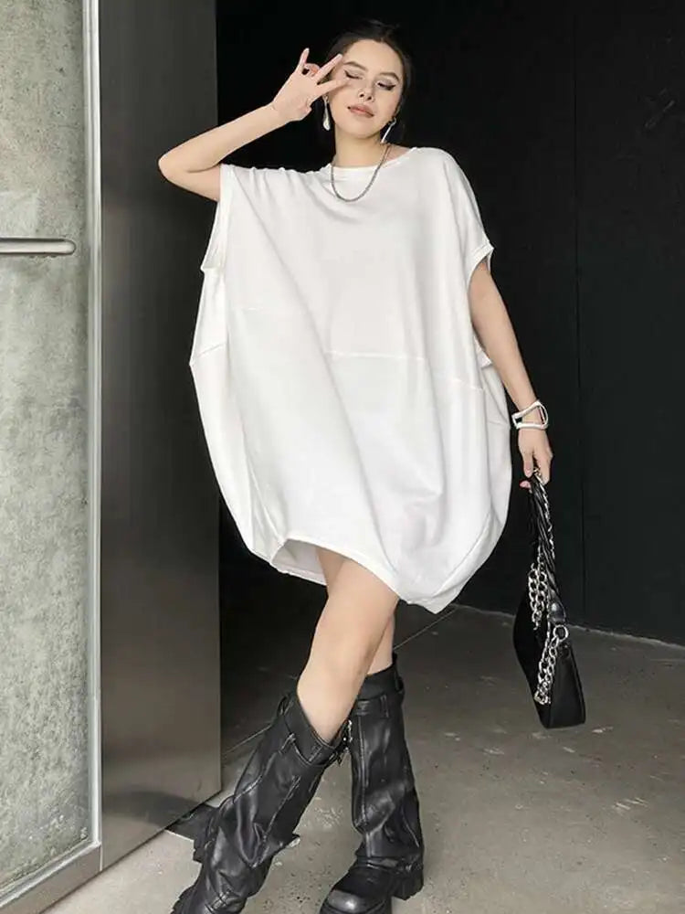 Women Black White Brief Big Size Casual Mini Dress New Round Neck Short Sleeve Fashion Tide Spring Summer 2025 1DH5840