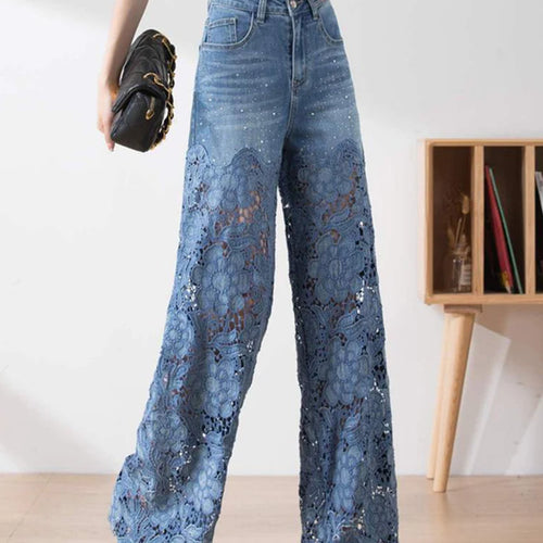 Load image into Gallery viewer, Solid Hollow Out Denim Pant For Women High Waist Patchwork Lace Casual Full Length Pants Female Fashion Clothes
