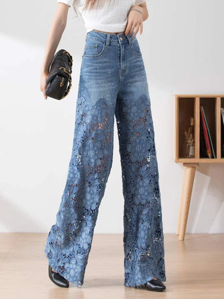 Solid Hollow Out Denim Pant For Women High Waist Patchwork Lace Casual Full Length Pants Female Fashion Clothes