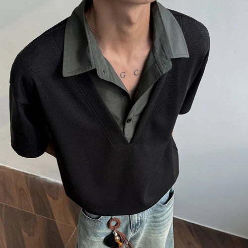 Load image into Gallery viewer, Men's Short Sleeve T-shirts New Summer Turn-down Collar Loose Patchwork Male Top Personality Pullover Menwear 9W1564
