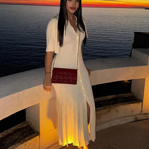 Load image into Gallery viewer, Elegant Solid Pleated Hem Women Knit Midi Dress Chic O-neck Short Sleeve Single-breasted Hip Wrap Dresses Lady High Street Robes
