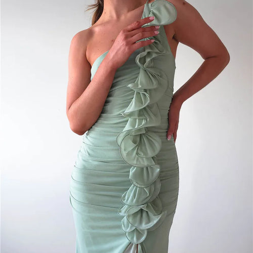 Load image into Gallery viewer, One Shoulder Draped Ruffle Maxi Dress Women Gown Fashion Diagonal Collar Backless Sleeveless Split Long Dress Elegant
