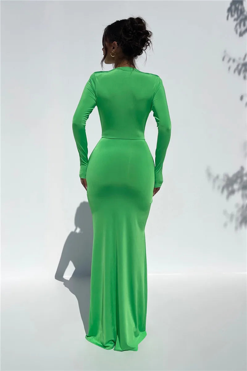 Deep V Neck Long Sleeve Split Maxi Dress Women Elegant Clubwear 2023 Autumn New Bodycon Ruched Sexy Long Dress