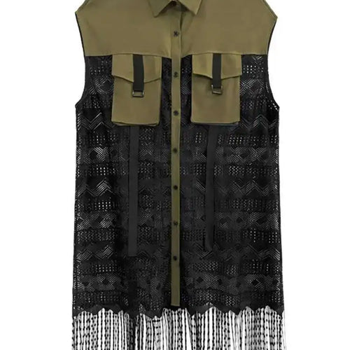 Load image into Gallery viewer, Women Army Green Lace Perspective Tassels Midi Shirt Dress New Lapel Sleeveless Fashion Tide Spring Summer 2025 1DH4540
