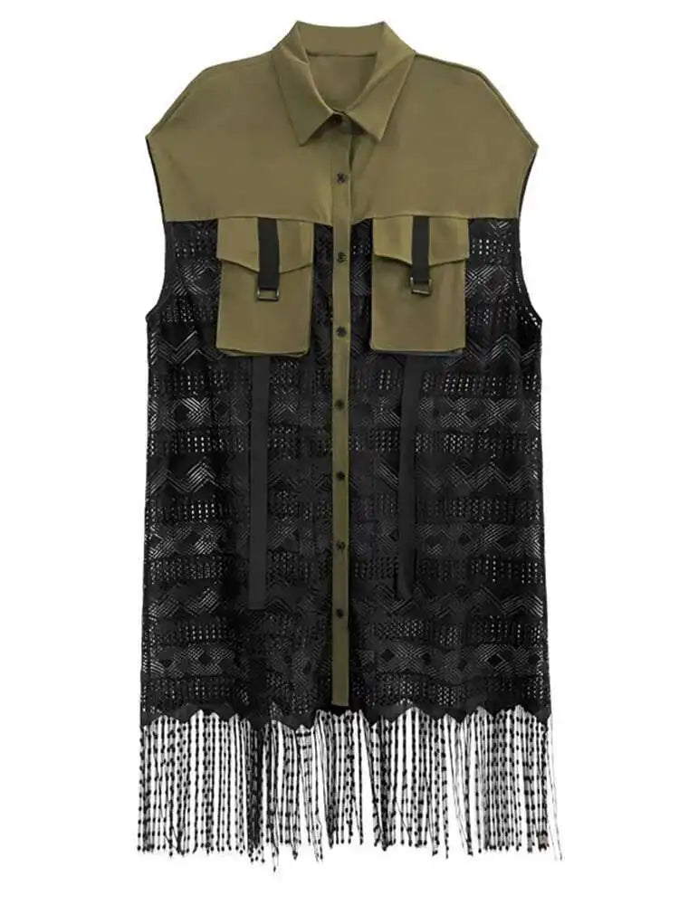 Women Army Green Lace Perspective Tassels Midi Shirt Dress New Lapel Sleeveless Fashion Tide Spring Summer 2025 1DH4540
