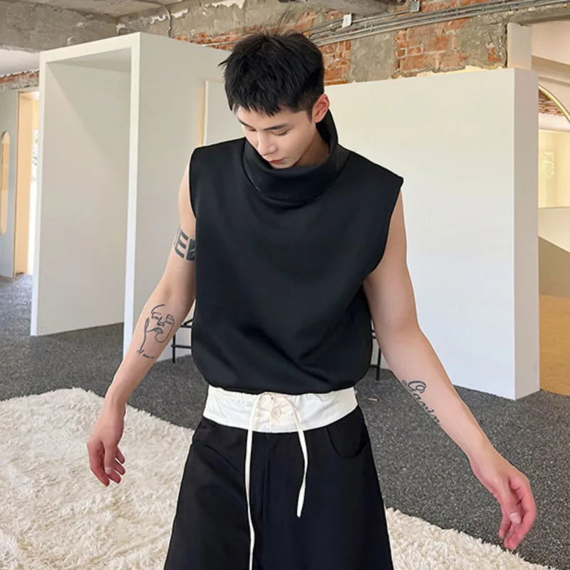 Summer Dark Men's Turtleneck Sleeveless Vests Men's Personality Trend Versatile Solid Color Tank Top Streetwear 9A8791