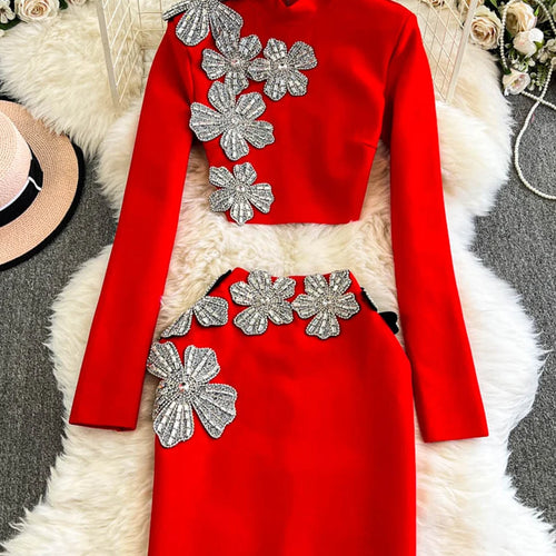 Load image into Gallery viewer, Solid Spliced Diamonds Two Piece Set For Women O Neck Long Sleeve Top High Waist Mini Skirt Slimming Sets Female
