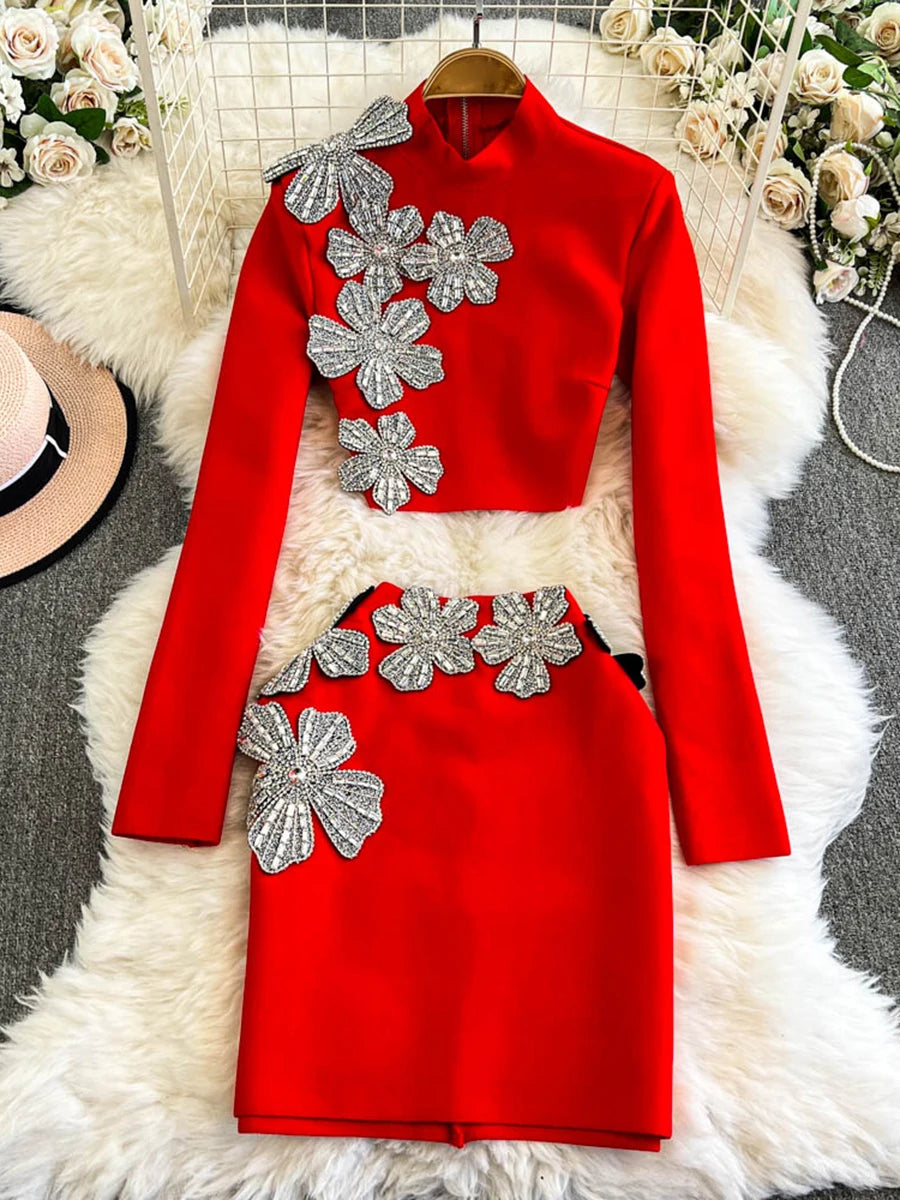 Solid Spliced Diamonds Two Piece Set For Women O Neck Long Sleeve Top High Waist Mini Skirt Slimming Sets Female