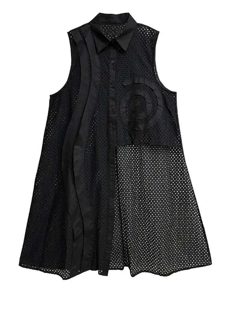 Women White Hollow Out Big Size Long Elegant Shirt Dress New Lapel Sleeveless Fashion Tide Spring Autumn 2025 1DH9424