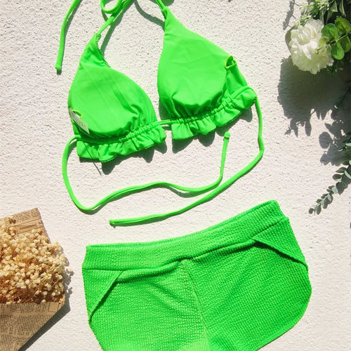 Load image into Gallery viewer, Para Praia 2024 Green Halter V Neck Bikini Set Push Up Female Swimsuit High Waist Women Swimwear Banage Bathing Suit
