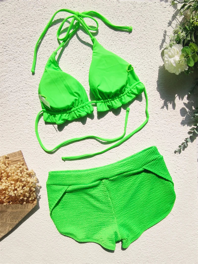 Para Praia 2024 Green Halter V Neck Bikini Set Push Up Female Swimsuit High Waist Women Swimwear Banage Bathing Suit