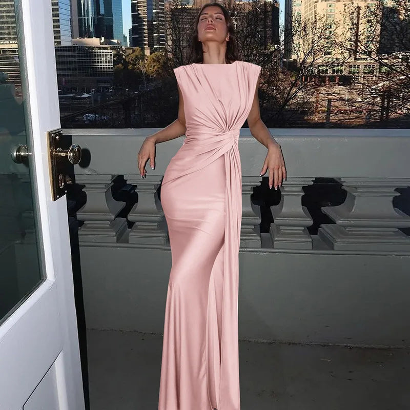 Sleeveless Ruched Sexy Maxi Dress For Women Gown Fashion Solid O Neck High Waist Bodycon Club Long Dress Vestido