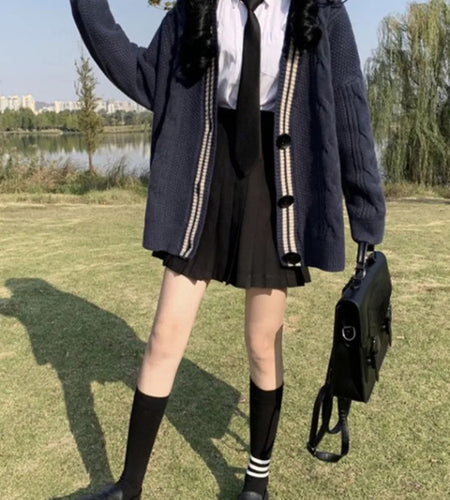 Japanese Preppy Style Cardigans Women Patchwork Fairy Single Breasted Sweaters Loose Contrast Color Knitted Coats Y2k Aesthetic