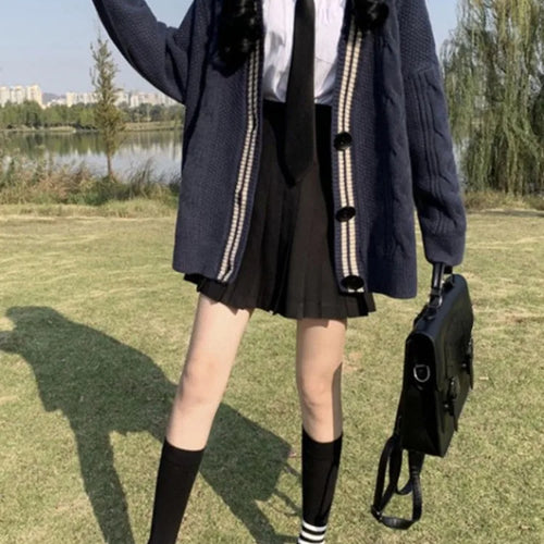 Load image into Gallery viewer, Japanese Preppy Style Cardigans Women Patchwork Fairy Single Breasted Sweaters Loose Contrast Color Knitted Coats Y2k Aesthetic
