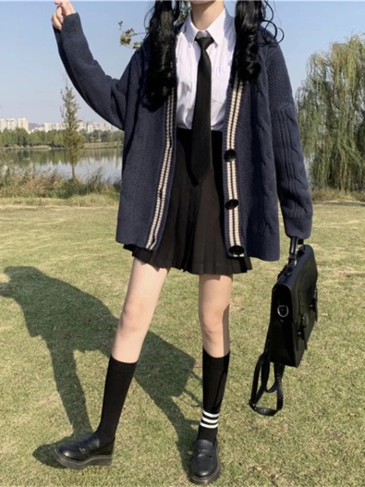 Japanese Preppy Style Cardigans Women Patchwork Fairy Single Breasted Sweaters Loose Contrast Color Knitted Coats Y2k Aesthetic