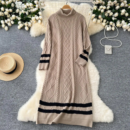 Load image into Gallery viewer, Autumn Winter Patchwork Elegant High Neck Knit Dress Women Korean Fashion Long Sleeves Slim 2024 New Loose Sweater Dresses Trend
