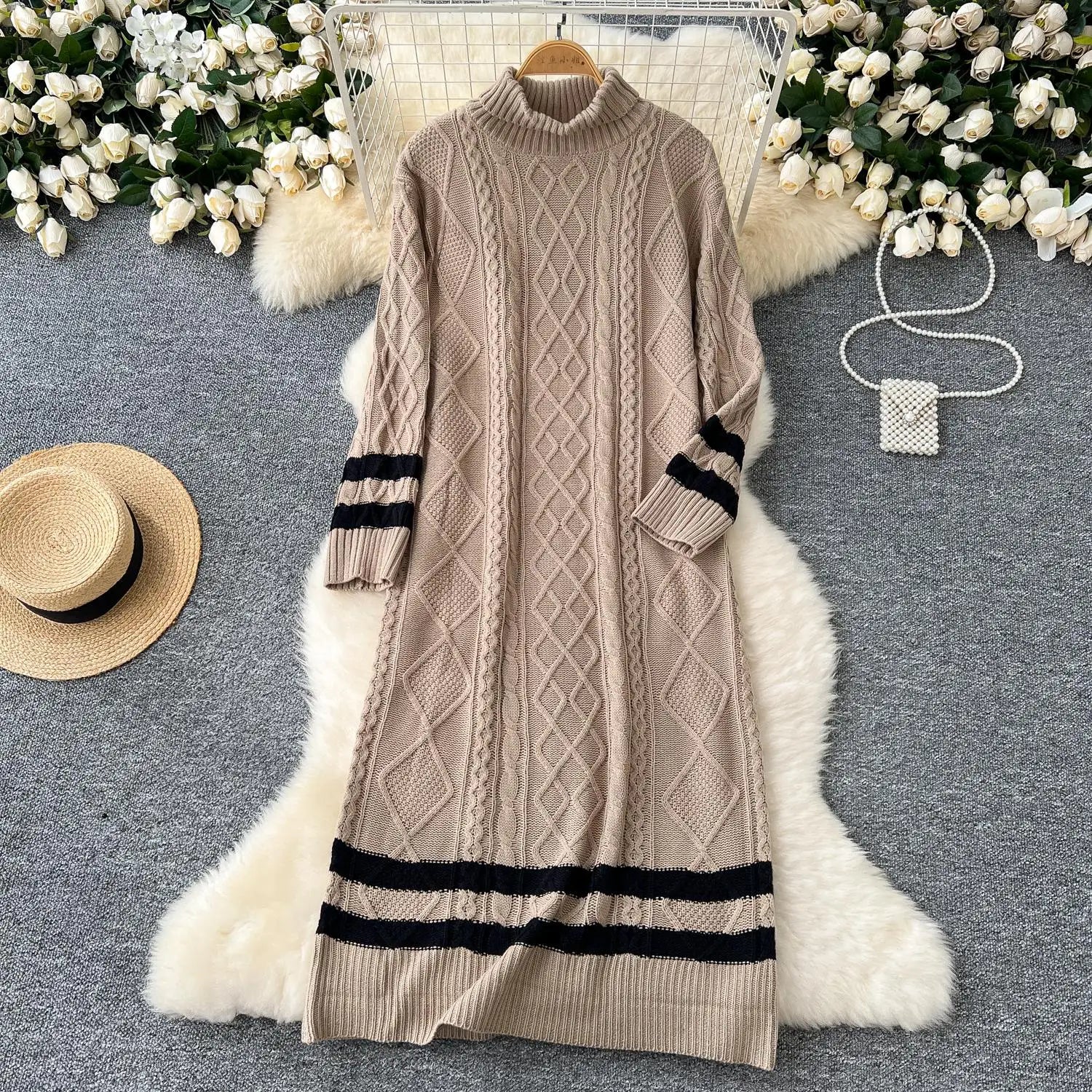 Autumn Winter Patchwork Elegant High Neck Knit Dress Women Korean Fashion Long Sleeves Slim 2024 New Loose Sweater Dresses Trend