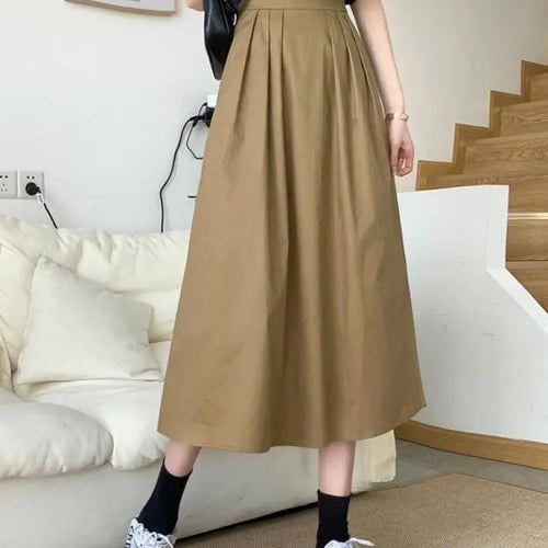 Load image into Gallery viewer, Spring Summer Women Solid Pockets Skirts Vintage High Waist Elastic Chic Long Cake A-line Versatile Mid Length Skirt For Student
