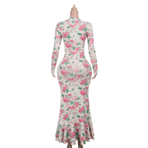 Load image into Gallery viewer, Bodycon Long Sleeve Half High Collar Print Zipper Elegant Maxi Dress Women Slim High Waist Sexy Dress Ladies Outfits
