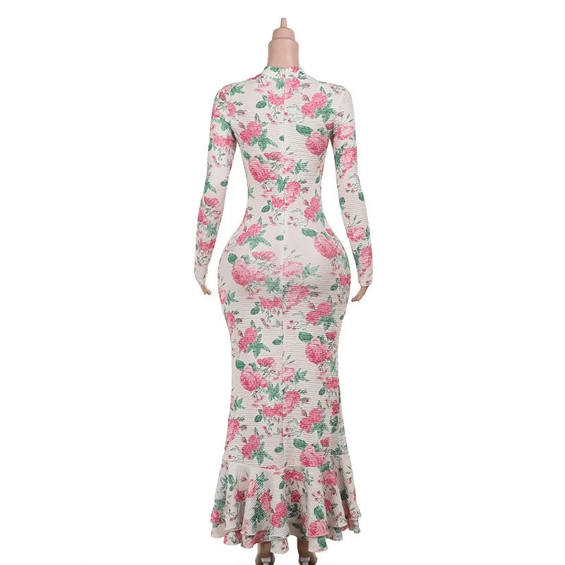 Bodycon Long Sleeve Half High Collar Print Zipper Elegant Maxi Dress Women Slim High Waist Sexy Dress Ladies Outfits