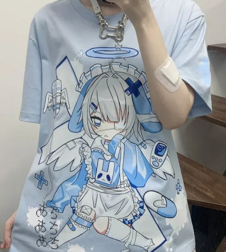 Summer Woman Tshirts 2024 Ropa Mujer Rabbit Print Short Sleeve O-neck Tees Oversized Tops Casual Fashion Korean Y2k T Shirt