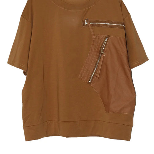 Load image into Gallery viewer, Women White Pocket Zipper Big Size Casual T-shirt New Round Neck Short Sleeve Fashion Tide Spring Summer 2025 1DJ0416
