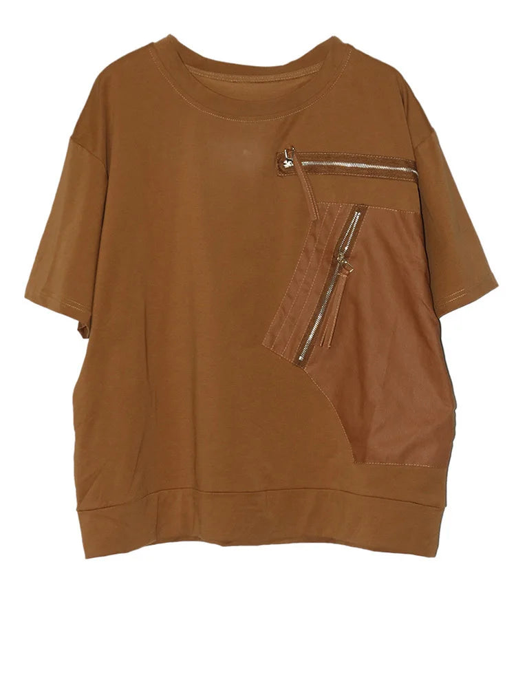 Women White Pocket Zipper Big Size Casual T-shirt New Round Neck Short Sleeve Fashion Tide Spring Summer 2025 1DJ0416