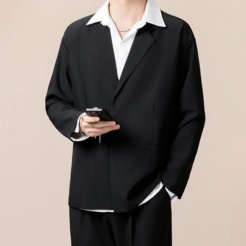 Simple Men's Blazers Metal Single Button Design Lapel Solid Color Korean Business Casual Loose Male Suit Jackets 9W1226