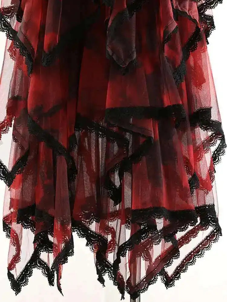 High Elastic Waist Red Irregular Lace Mesh A-line Midi Half-body Skirt Women Fashion Tide New Spring Autumn 2025 1DH9407