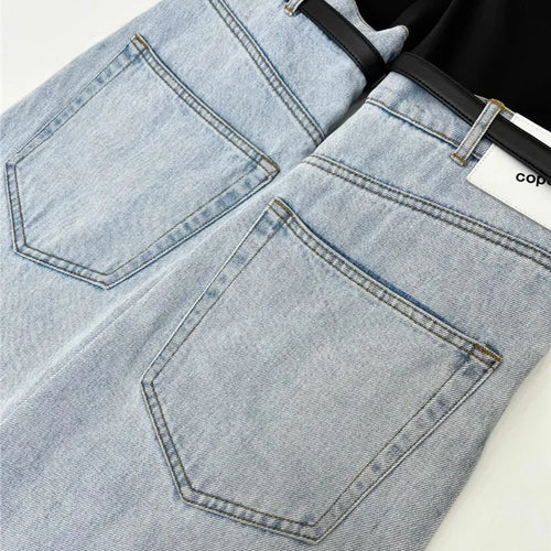 Load image into Gallery viewer, Patchwork Belt Denim Pants For Women High Waist Slimming Hit Color Streetwear Wide Leg Jeans Female Fashion Clothes
