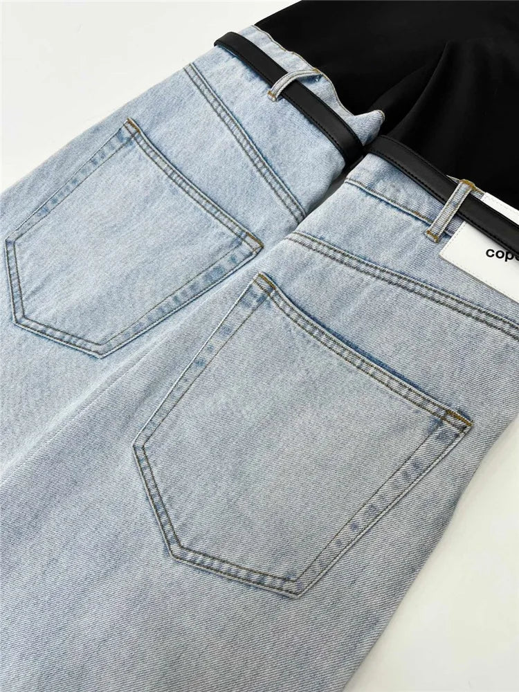 Patchwork Belt Denim Pants For Women High Waist Slimming Hit Color Streetwear Wide Leg Jeans Female Fashion Clothes