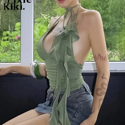 Load image into Gallery viewer, Ruffled V Neck Backless Halter Top Green Black Sexy Summer Camisole Street Wear Going Out Tops Y2k Clothes P98-BD11
