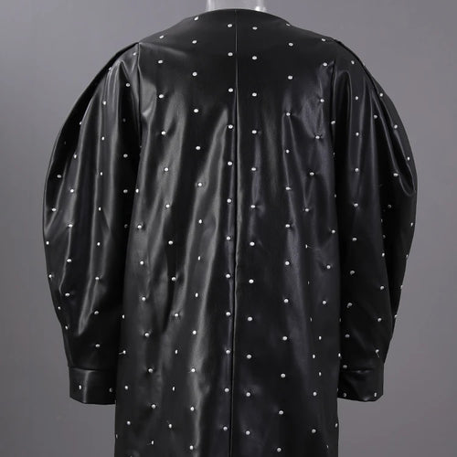 Load image into Gallery viewer, Black Dot Big Size PU Leather Jacket New O-neck Long Puff  Sleeve Women Coat Fashion Tide Spring Autumn 2025 25X2588
