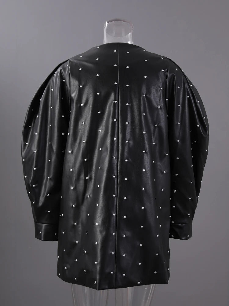 Black Dot Big Size PU Leather Jacket New O-neck Long Puff  Sleeve Women Coat Fashion Tide Spring Autumn 2025 25X2588