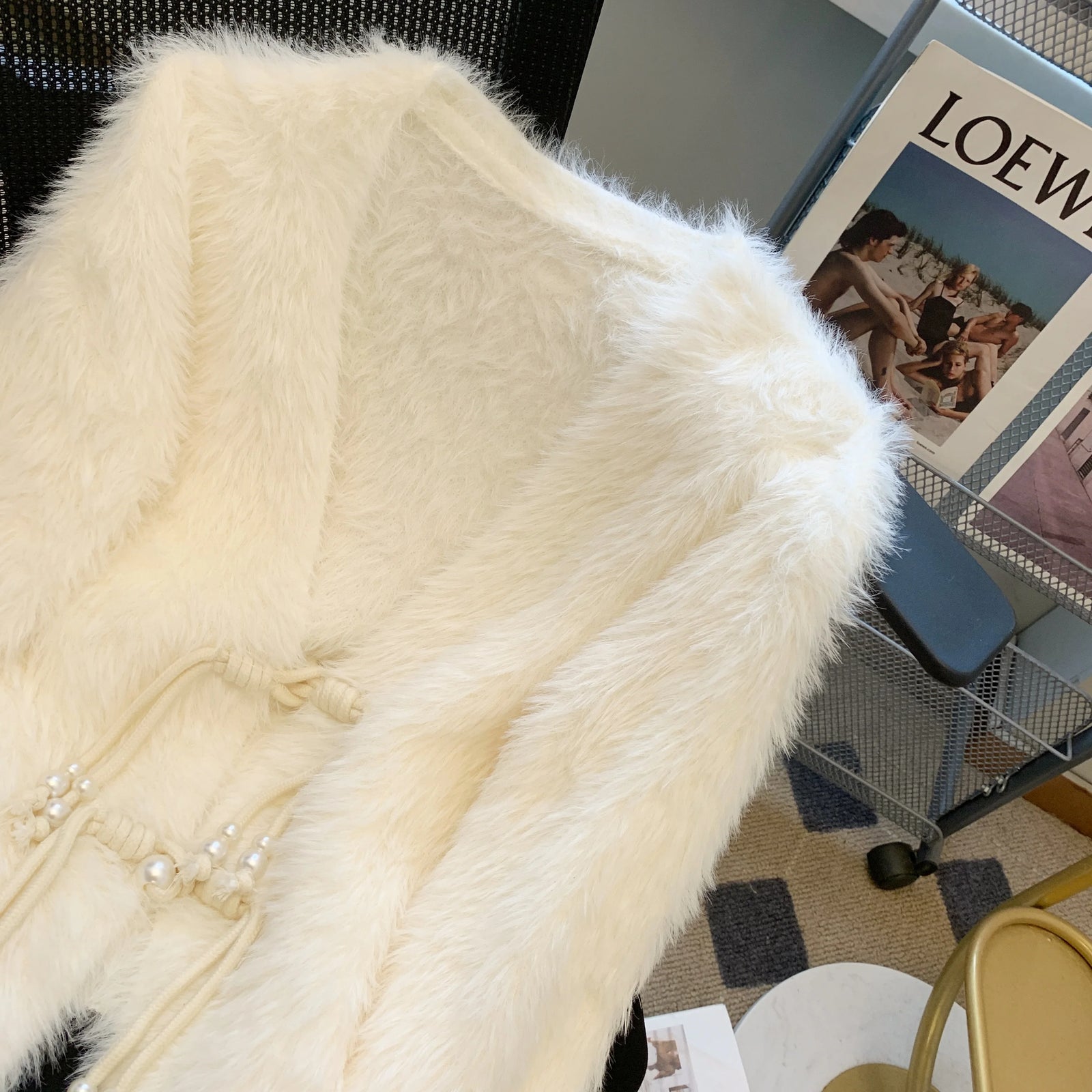 Autumn Winter Chinese Style White V Neck Elegant Knitted Cardigan Tops Women Beige Single Breasted Long Sleeve Mink Sweater Chic