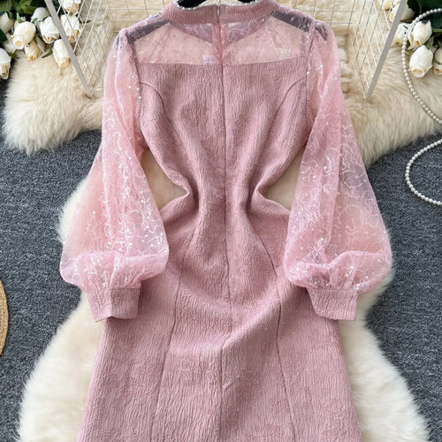 Load image into Gallery viewer, Autumn 2024 New Chinese Style Retro Elegant Long Sleeve Slim Evening Party Dresses Women Pink Sequin Patchwork Lace Short Dress
