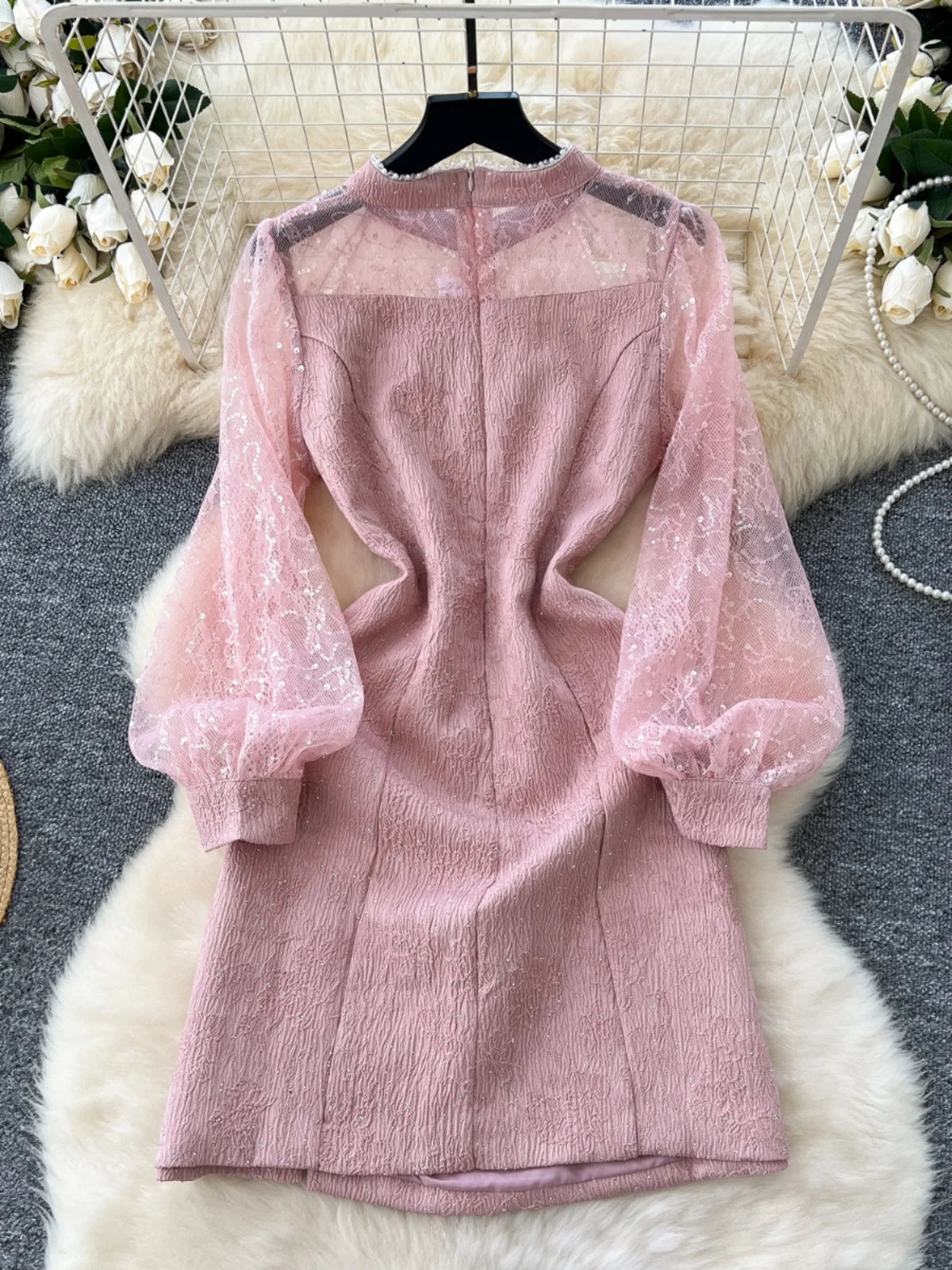 Autumn 2024 New Chinese Style Retro Elegant Long Sleeve Slim Evening Party Dresses Women Pink Sequin Patchwork Lace Short Dress